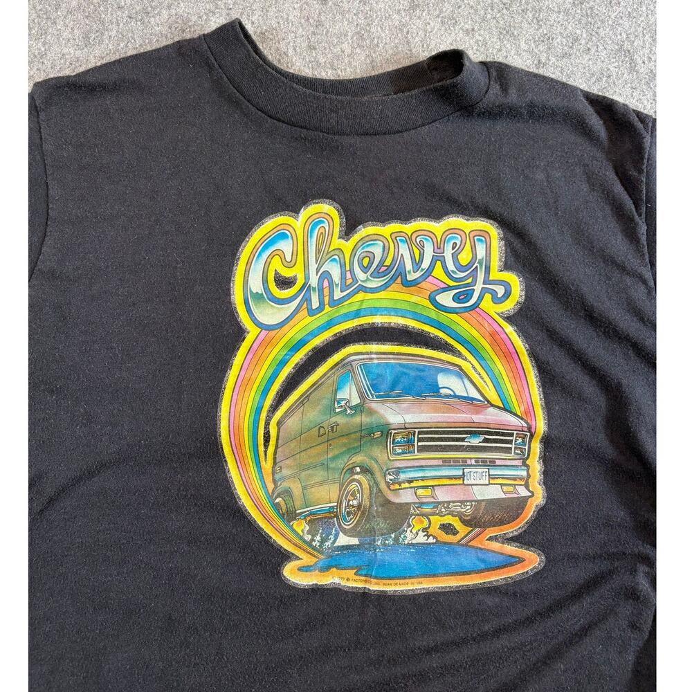 Vintage 70s Chevy Van Shirt Mens Large Black Rainbow Car Graphic Tee Retro USA